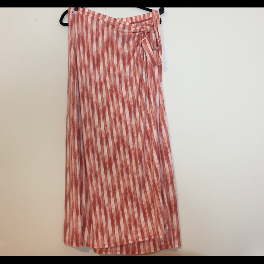 Long Wrap Skirt Coral and White Vertical Stripes.